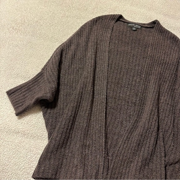 Barefoot Dreams CozyChic Lite Ribbed Shrug Cardigan Dolman Open Front Brown Gray - Picture 9 of 10